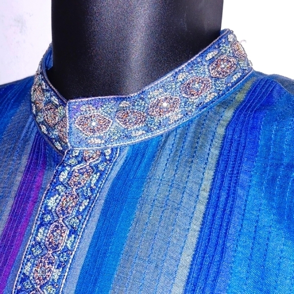 REGAL Blue, Purple and Gold Striped Kurta, 44 - Picture 3 of 8